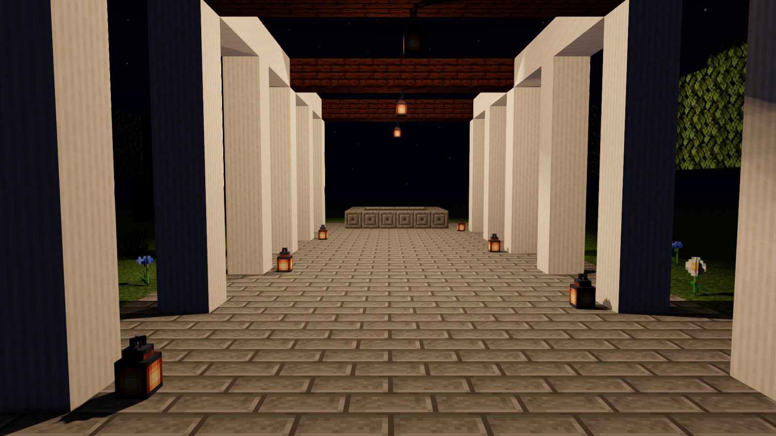 Glow off: the lanterns along the colonnade look dull, with no halo