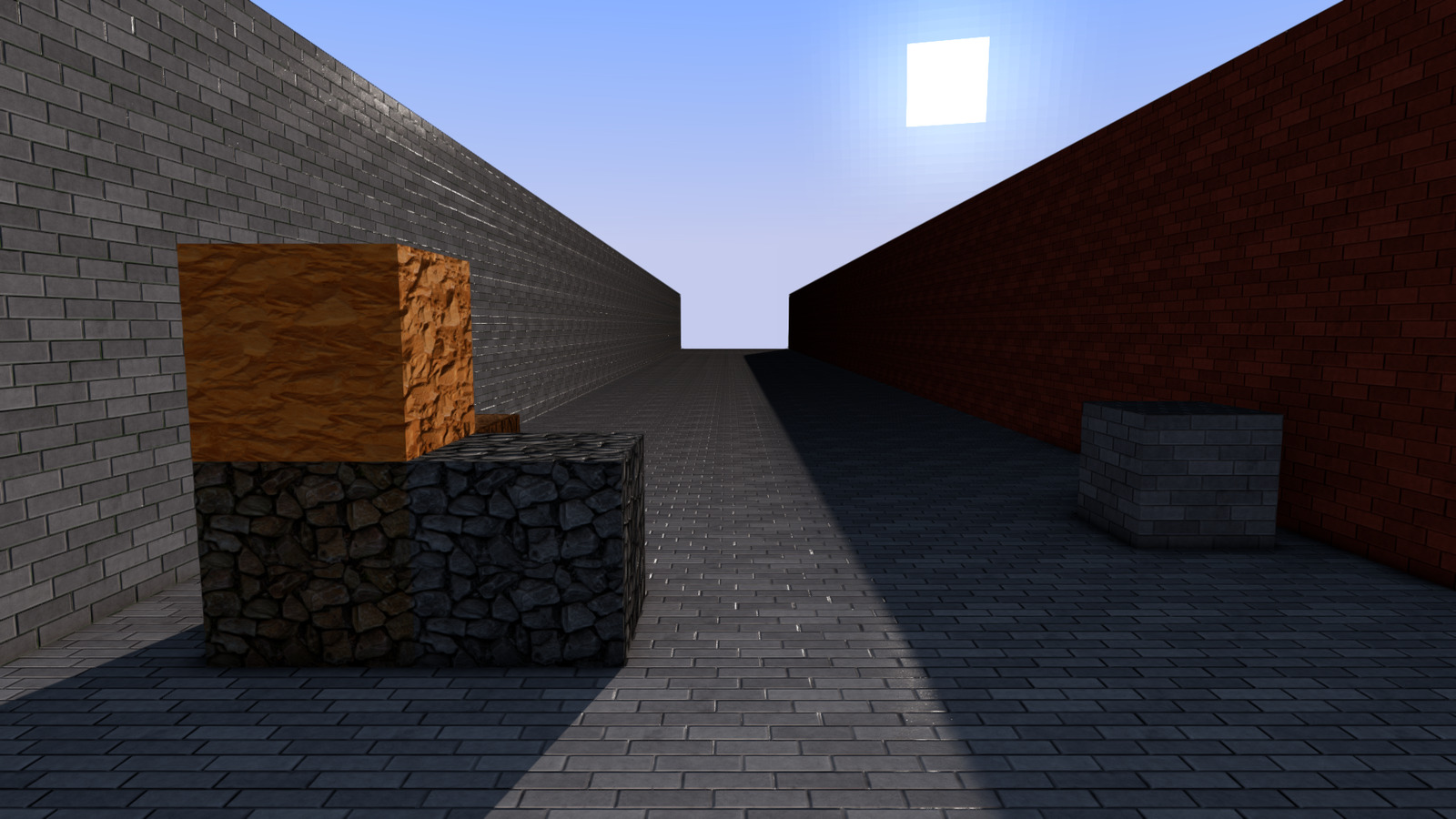 Material and normal maps on: bricks and cobbles stand out in relief and the floor glints
