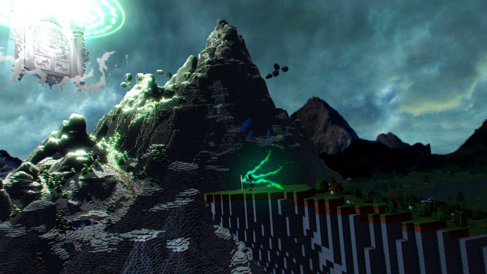 A glowing ruin floats above a stormy voxel mountain at dusk, lit by green spirit light, rendered in Nova