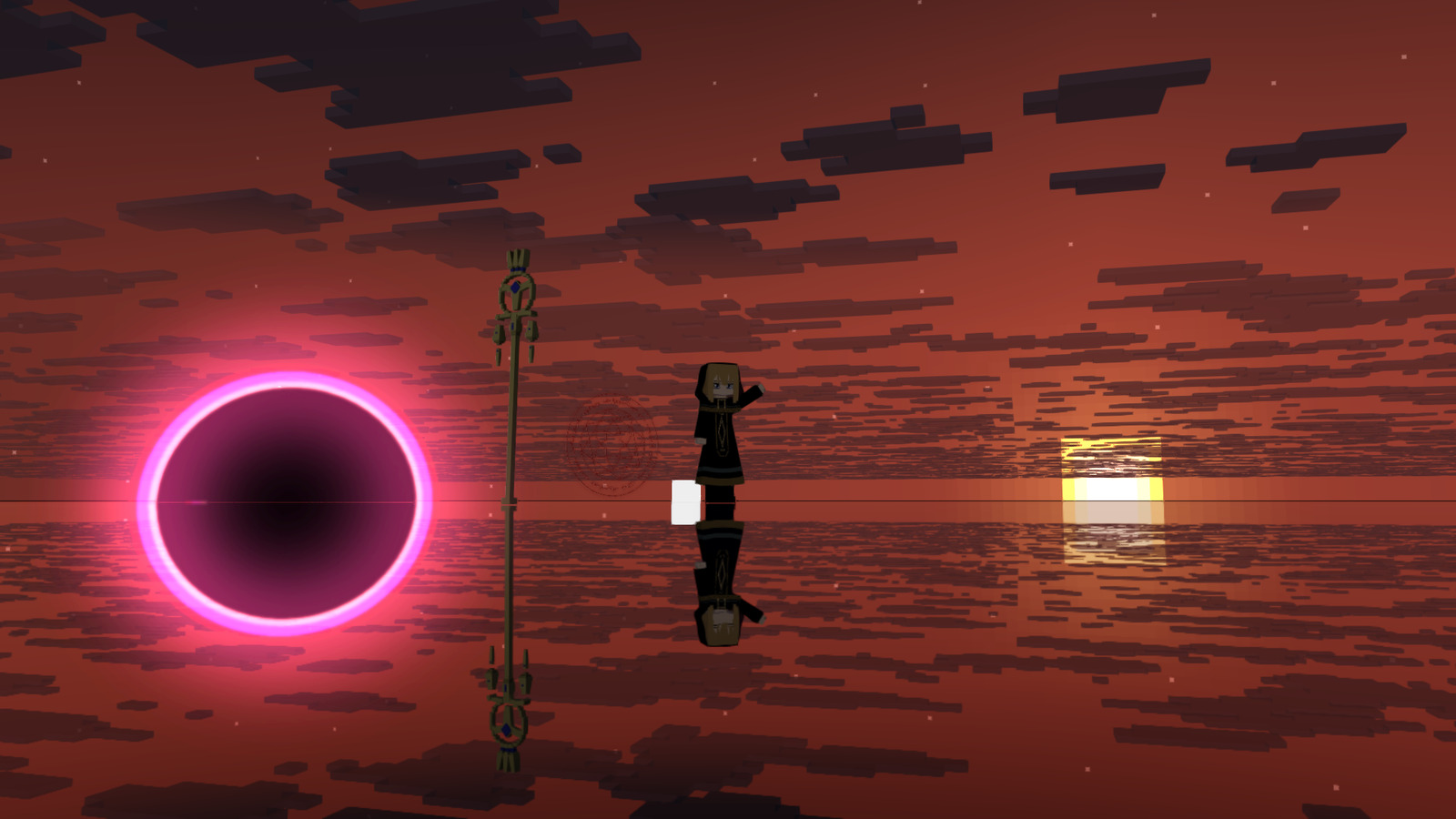 A neon ring hovering over a crimson sunset sea, mirrored in the water, rendered in Nova
